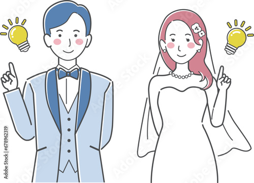 結婚式イラスト、電球、アイデアを思いつく、ひらめく新郎新婦