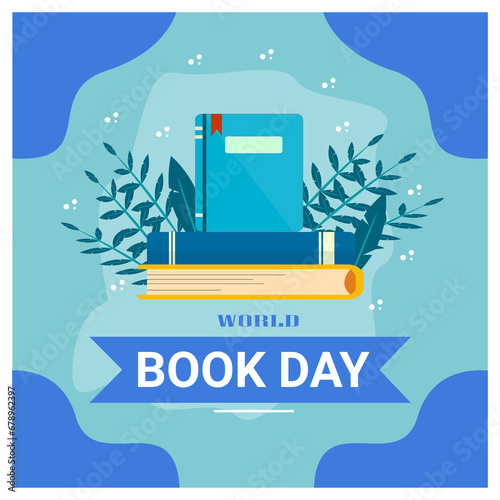 poster for world book day with cute book stack character on blue background.