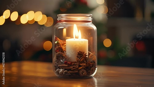 A lone candle flame shining through a jar filled with holidayscented potpourri. photo