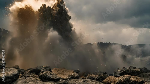 Closeup rocks boulders being catapulted volcano, creating fierce dangerous rain projectiles. photo