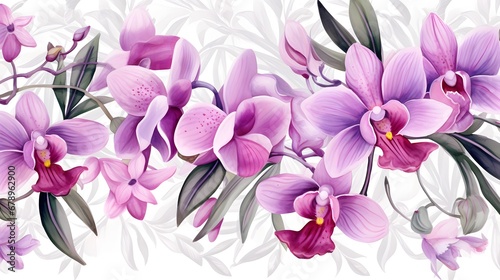 Flower orchid and leaves pattern watercolor  tropical pattern for textiles and decoration. Hand drawn exotic flora.