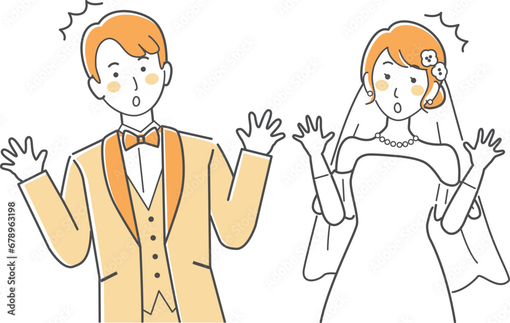 結婚式イラスト、ウェディング、両手を広げて驚く新郎新婦 結婚式イラスト、ウェディング、両手を広げて驚く新郎新婦