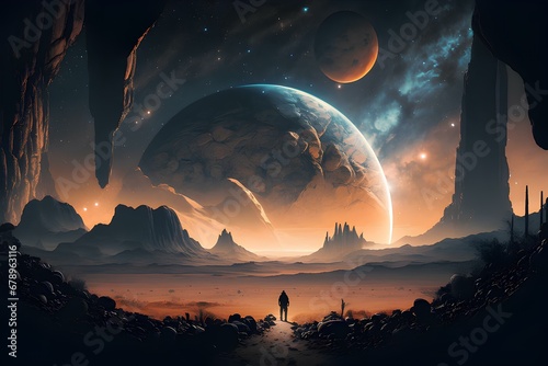 Astronaut approaching an unknown planet in a landscape where the sun hovers on the horizon, generative AI