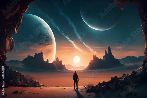 Astronaut approaching an unknown planet in a landscape where the sun hovers on the horizon, generative AI