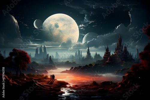 Astronaut approaching an unknown planet in a landscape where the sun hovers on the horizon, generative AI