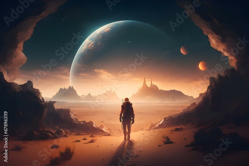 Astronaut approaching an unknown planet in a landscape where the sun hovers on the horizon, generative AI