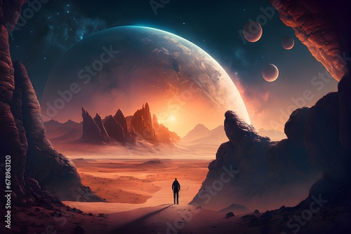 Astronaut approaching an unknown planet in a landscape where the sun hovers on the horizon, generative AI