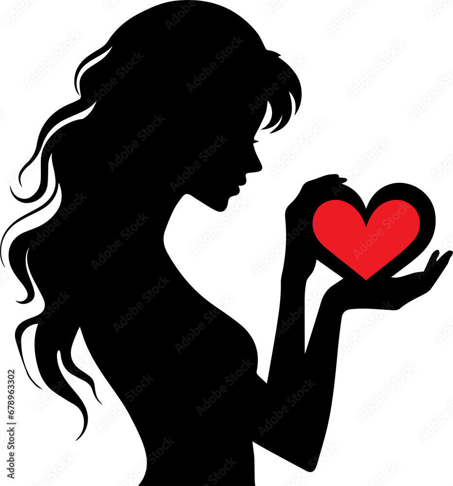  girl silhouette hands holding heart shape. Symbol of Love on valentine's day vector illustration
