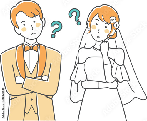 結婚式イラスト、ウエディング、悩む新郎新婦