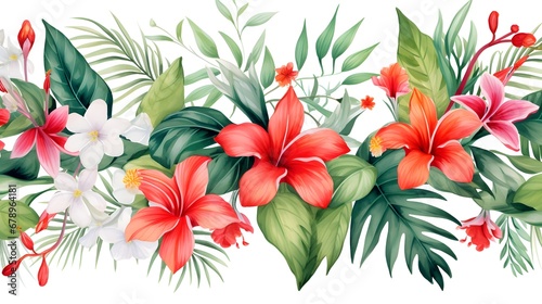 Tropical seamless pattern, Leaves and flowers, tropic plants on white background, watercolor botanical illustration