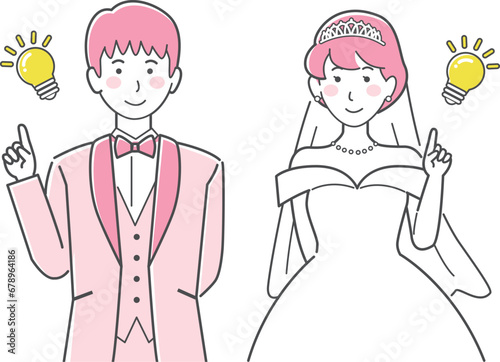 結婚式イラスト、電球、アイデアを思いつく、ひらめく新郎新婦