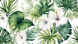 Tropical seamless pattern, Leaves and flowers, tropic plants on white background, watercolor botanical illustration