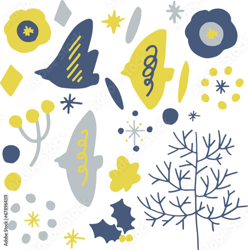 北欧風の草木イラスト。北欧カラーの草木と鳥のベクターイラスト。Scandinavian style grass and trees illustration. Vector illustration of plants, trees and birds in Scandinavian colors.