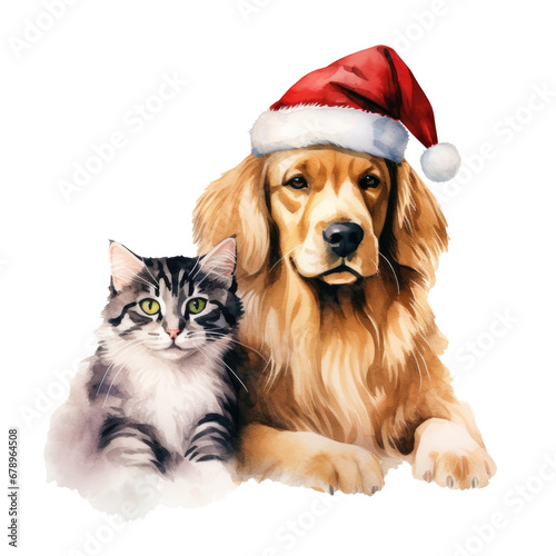 Cat and dog in santa hat isolated on white background. Watercolor illustration isolated on transparent background. © Songyote