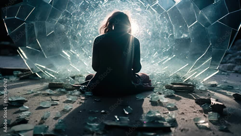 Concept photo of a person kneeling in prayer, surrounded by broken glass and debris. Despite the chaos around them, they remain steadfast in their faith, finding solace in their beliefs.