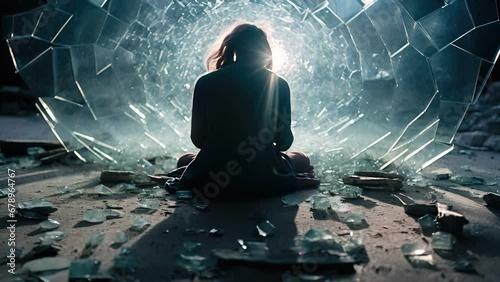 Concept photo of a person kneeling in prayer, surrounded by broken glass and debris. Despite the chaos around them, they remain steadfast in their faith, finding solace in their beliefs. photo