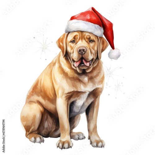 Mastiff dog with santa hat. Watercolor illustration isolated on transparent background.