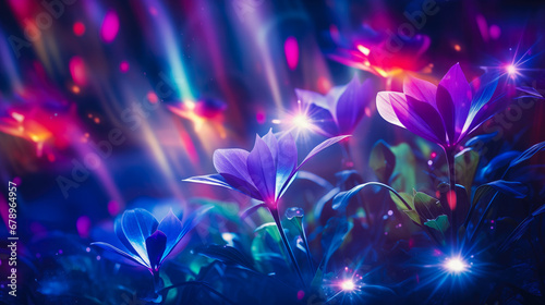 Beautiful Glowing Flowers at Night Abstract Background