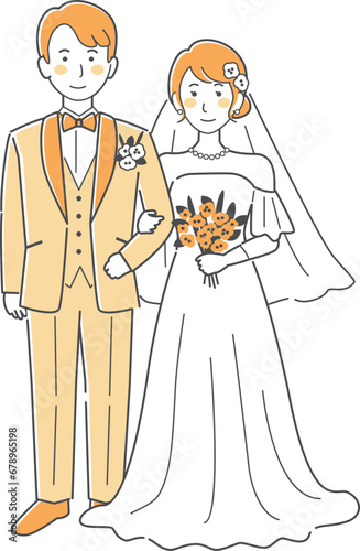 結婚式イラスト、腕を組んで正面を向く新郎新婦