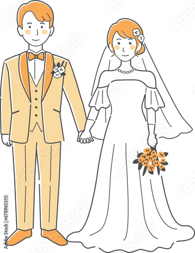 結婚式イラスト、手をつなぐ新郎新婦