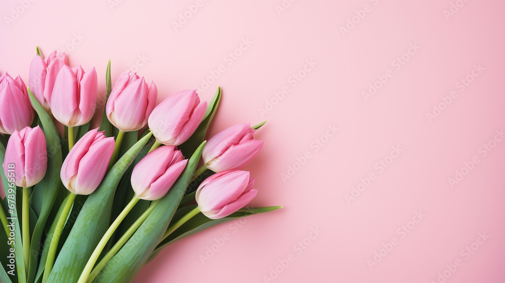 Spring tulip flowers on pink background top view in flat lay style. Greeting for Womens or Mothers Day or Spring Sale Banner. copy space