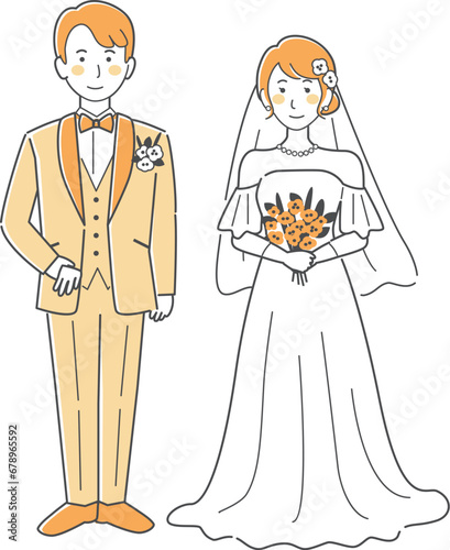結婚式イラスト、正面を向いて並ぶ新郎新婦