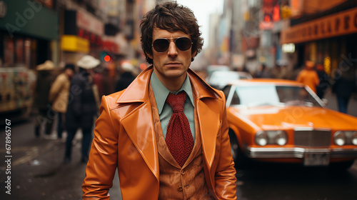 Hübscher junger Mann mit lockigem Haar und Brille in den Straßen von New York.  photo
