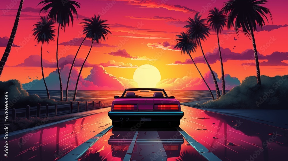 Retro style illustration of a convertible driving towards a stylized sunset. - obrazy, fototapety, plakaty 