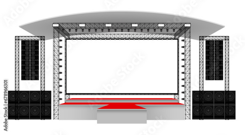 red stage and speaker with led screen on the truss system on the white background	

