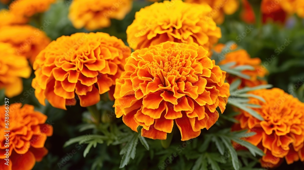 Orange marigold flower close up shot with selective focus. French marigolds background. Orange marigold flower close up shot with selective focus. French marigolds background.