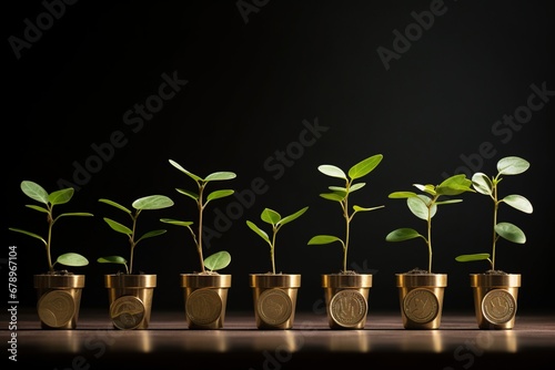 A row of growing plants in coin looking golden pots on black background.
