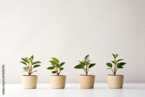 A row of growing plants in pots on coloured background.