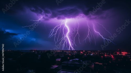 Image of vibrant purple lightning streaking across a stormy night sky.