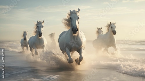 Image of white horses in full gallop along the coastline.