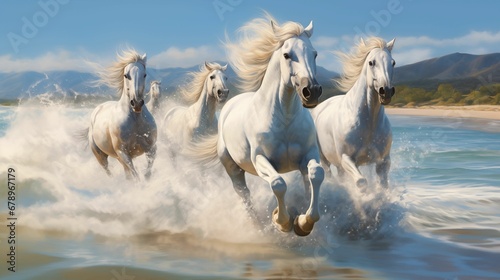 Image of white horses in full gallop along the coastline.