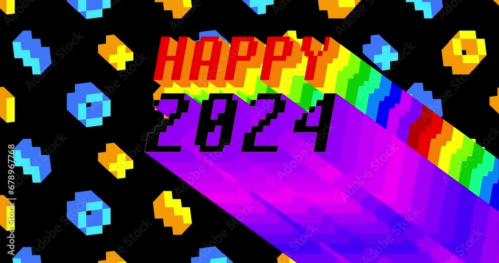 Happy 2024. 4k animated word with long layered multicolored shadow with the colors of a rainbow on black background. Happy 2024. 4k animated word with long layered multicolored shadow with the colors of a rainbow on black background.
