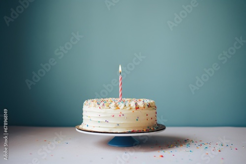 One birthday cake with candle on pastel tone background.