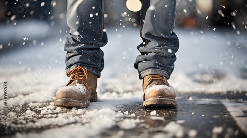 Image of falling snow, lower body in rough boots and jeans. © kept