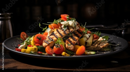 Image of grilled chicken salad topped with grilled vegetables.
