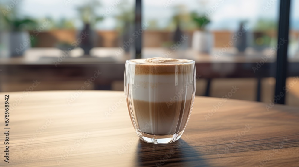 hot, fresh coffee in a cozy, sunny latte coffee put on table in cafe restaurant, drink breakfast in the morning milk latte with coffee foam in glass mug with ingredients free copy space