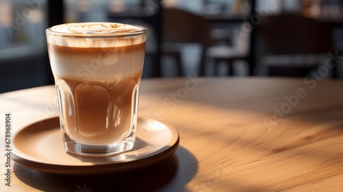 hot, fresh coffee in a cozy, sunny latte coffee put on table in cafe restaurant, drink breakfast in the morning milk latte with coffee foam in glass mug with ingredients free copy space