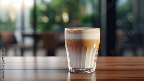 hot  fresh coffee in a cozy  sunny latte coffee put on table in cafe restaurant  drink breakfast in the morning milk latte with coffee foam in glass mug with ingredients free copy space