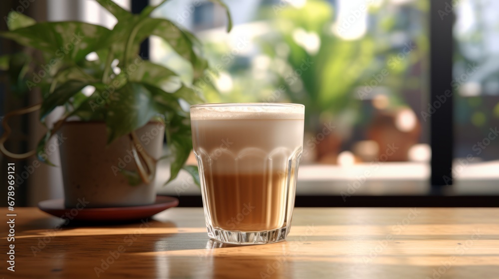 hot, fresh coffee in a cozy, sunny latte coffee put on table in cafe restaurant, drink breakfast in the morning milk latte with coffee foam in glass mug with ingredients free copy space hot, fresh coffee in a cozy, sunny latte coffee put on table in cafe restaurant, drink breakfast in the morning milk latte with coffee foam in glass mug with ingredients free copy space
