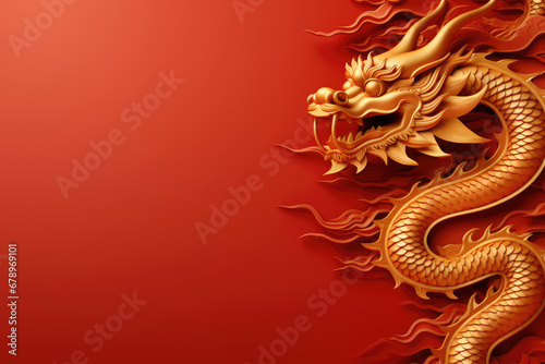 Chinese New Year red background with 3d glowing gold dragon with large copyspace area