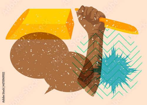 Risograph Kitchen Knife in hand with speech bubble and geometric shapes. Scary murderer object in trendy riso graph print texture style design with geometry elements.