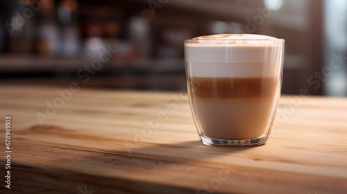 hot, fresh coffee in a cozy, sunny latte coffee put on table in cafe restaurant, drink breakfast in the morning milk latte with coffee foam in glass mug with ingredients free copy space