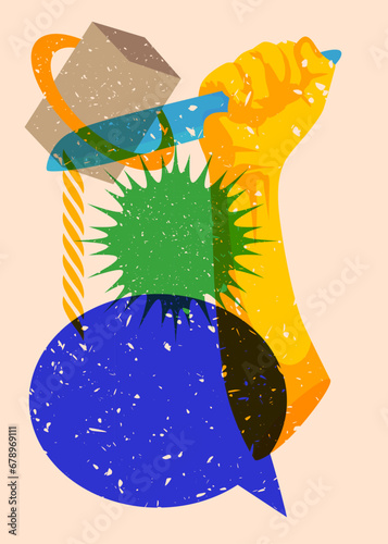 Risograph Kitchen Knife in hand with speech bubble and geometric shapes. Scary murderer object in trendy riso graph print texture style design with geometry elements.