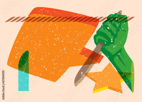 Risograph Kitchen Knife in hand with speech bubble and geometric shapes. Scary murderer object in trendy riso graph print texture style design with geometry elements.