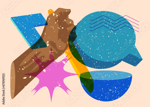 Risograph Kitchen Knife in hand with speech bubble and geometric shapes. Scary murderer object in trendy riso graph print texture style design with geometry elements.