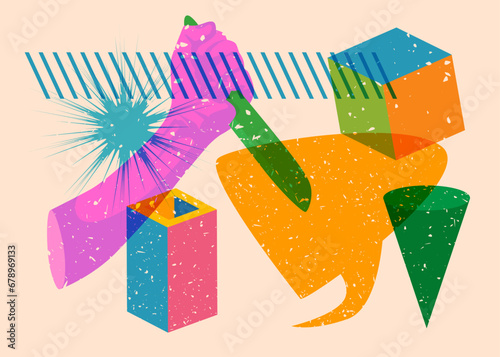 Risograph Kitchen Knife in hand with speech bubble and geometric shapes. Scary murderer object in trendy riso graph print texture style design with geometry elements.
